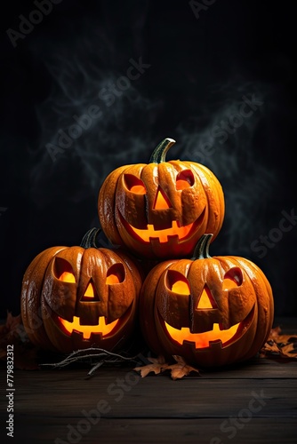 Halloween pumpkins on a dark background with a place for text