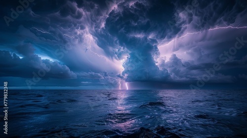 A stormy sky with a lightning bolt in the middle of the ocean. The sky is dark and the water is calm