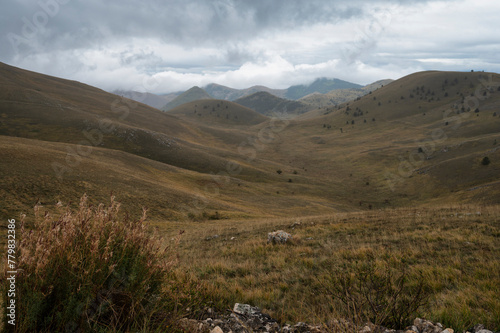 landscape inside Campo Imperatore during an autumnal cloudy day, Parco nazionale Gran Sasso, L'Aquila, Italy
