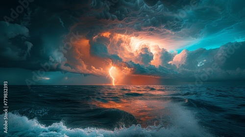 A stormy ocean with a bright lightning bolt in the sky. Scene is intense and dramatic