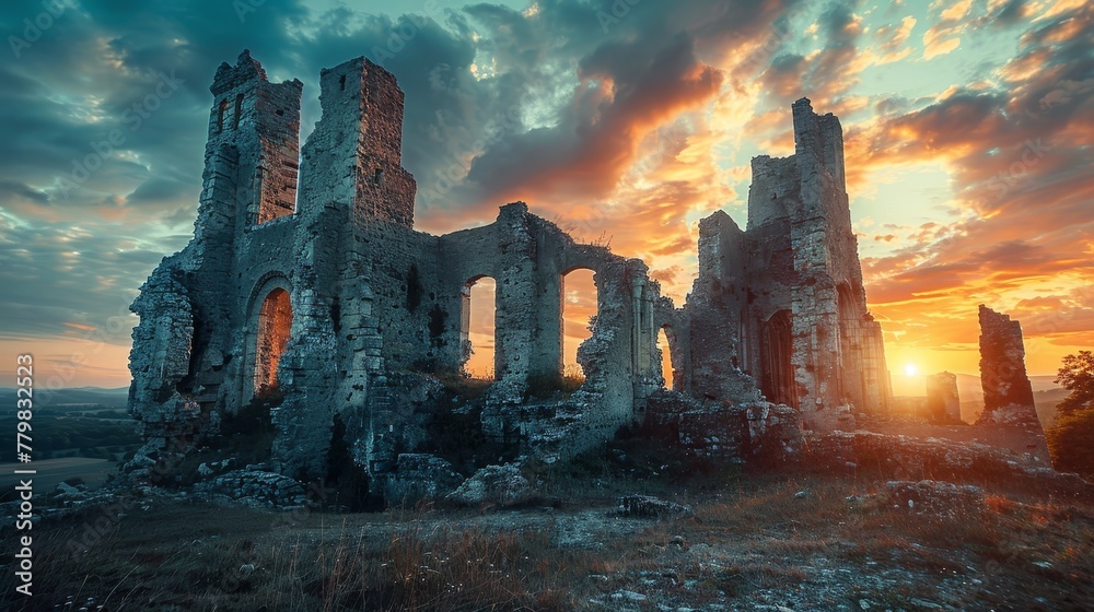 Fototapeta premium A castle ruins with a sunset in the background. The castle is old and abandoned, with a few people walking around. The sky is filled with clouds, and the sun is setting, creating a beautiful