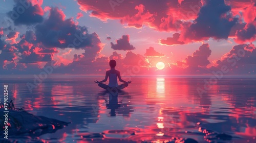 Animated illustration showing a yogi girl doing yoga at sunrise or sunset