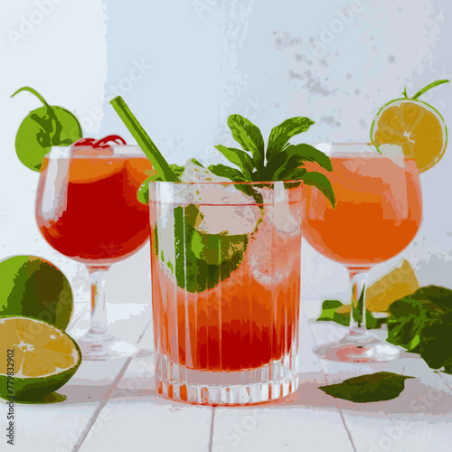 A frontal view of freshly made, chilled cocktails in glasses with a white backdrop Vector