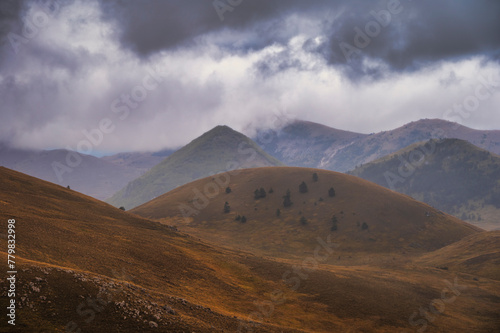 landscape inside Campo Imperatore during an autumnal cloudy day, Parco nazionale Gran Sasso, L'Aquila, Italy