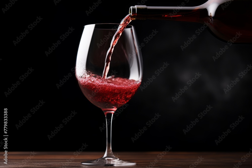 Naklejka premium Pouring red wine to glass party restaurant bar gourmet celebration luxury taste splashing grape alcohol expensive drink bordeaux chateu cabernet bottle refreshment toned drops bubbles french wineglass
