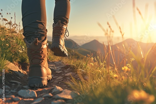 A closeup of feet and hiking boots walking on an outdoor trail, with mountains in the background at sunset. photo