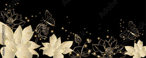 Luxury gold oriental style background vector. Chinese and Japanese wallpaper pattern design of elegant gold butterfly and  lotus flower with gold line texture. Design illustration vector.