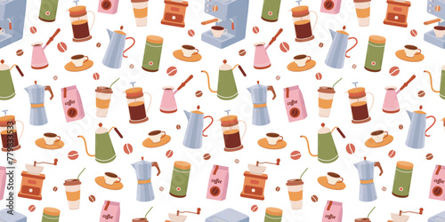 Set of coffee elements collection. Coffee supplies icons. Maker, French press, pot, coffee machine, grinder, grains. Vector seamless pattern