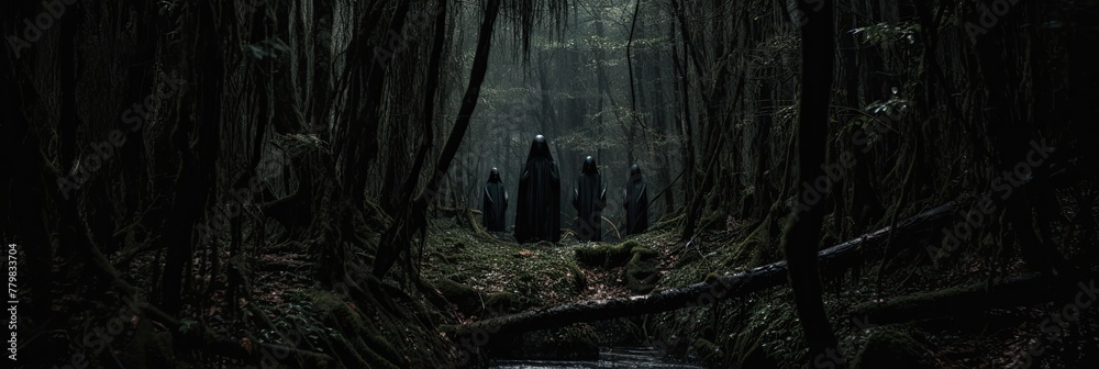 Step into the captivating embrace of a gloomy forest, where the weight of darkness and the hush of silence create an atmosphere steeped in mystery.