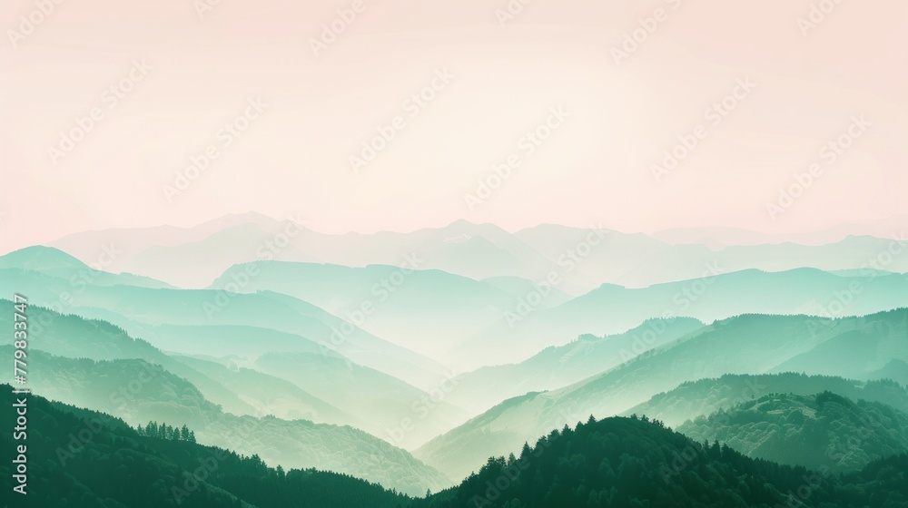 Pastel Dawn Over Forested Mountain Range