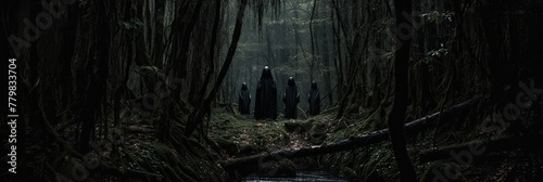 Step into the captivating embrace of a gloomy forest, where the weight of darkness and the hush of silence create an atmosphere steeped in mystery. photo