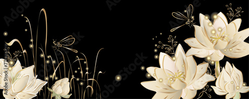 Gold elegant gold butterfly and  lotus flowers oriental style background vector. Chinese and Japanese wallpaper pattern design of  gold line texture. Design illustration for decoration, wall decor.