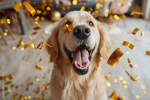 Adorable golden retriever Dog Celebrating 202 with Golden Confetti on White Background: Joyful New Year Concept.