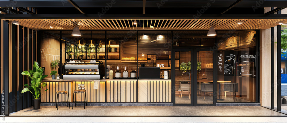 Obraz Coffee shop, cafe store, bar or restaurant with counter, glass windows. View from city street. Front design. Showcase. Generative ai