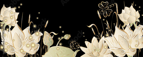 Chinese and Japanese wallpaper pattern design of elegant gold butterfly and  lotus flower oriental style . Design illustration vector.