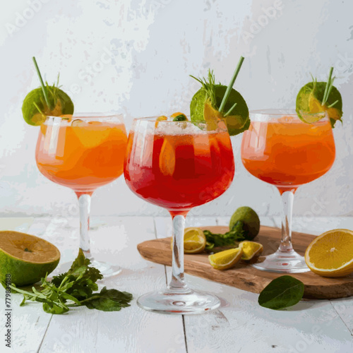 A frontal view of freshly made, chilled cocktails in glasses with a white backdrop Vector