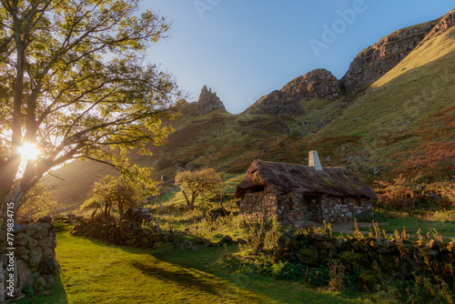 Traditional old irish house on mountain view of the sky on sunrise hidden village of galboly abandon rural irish cottage europe