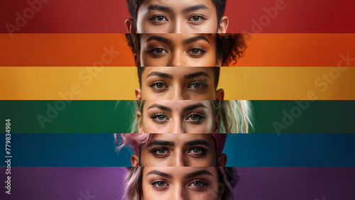 LGBTQ banner. Diverse young people at a pride rainbow colors flag. Lgbtiq+ community concept