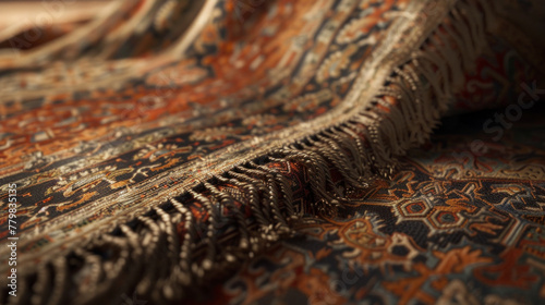 A close-up of a detailed, handwoven tapestry with intricate patterns and muted colors photo