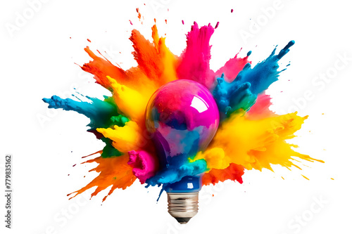 Multicolor powder paint explosion splashing on a light bulb isolated on transparent background with splash. Bobbin-shaped dust explosion. holi paint Colorful powder paint explosion concept