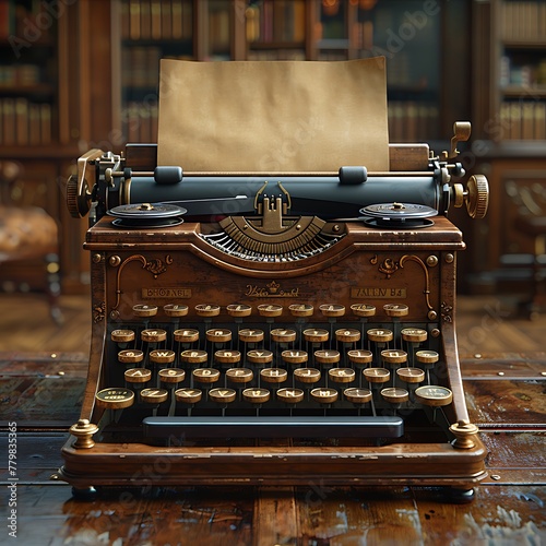 A vintage typewriter with a blank sheet of paper, set against the backdrop of an old, book-filled study