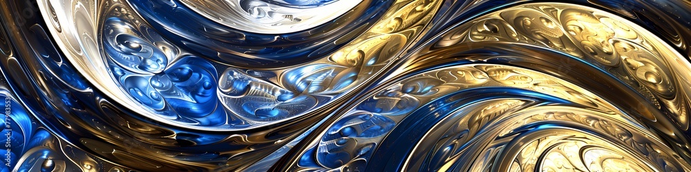 Radiant gold and blue intertwining in a luxurious abstract pattern, creating a panoramic opulence.