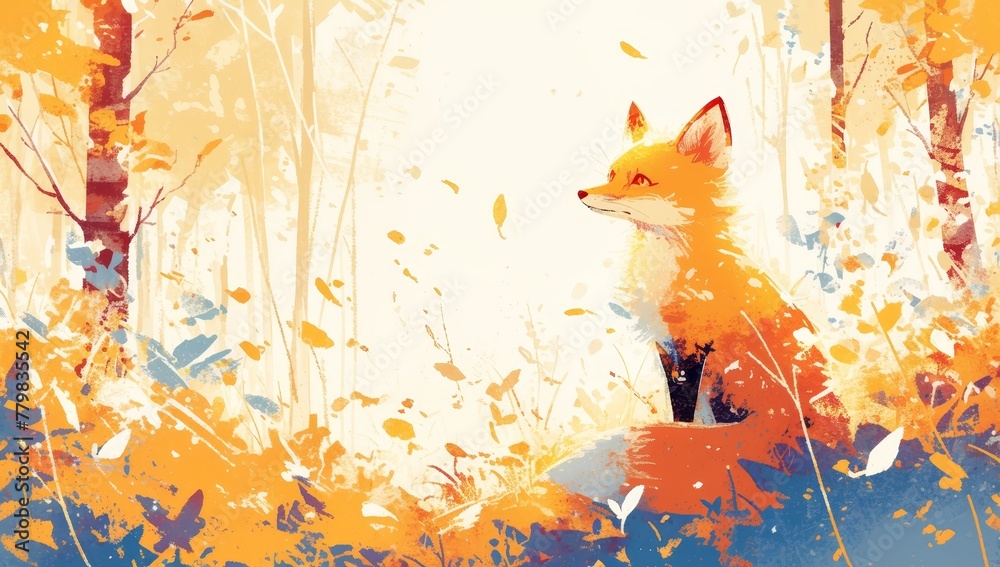 Fototapeta premium A cute fox sitting in the forest, surrounded by autumn trees and falling leaves. The background is a watercolor illustration with warm colors of orange and yellow. 