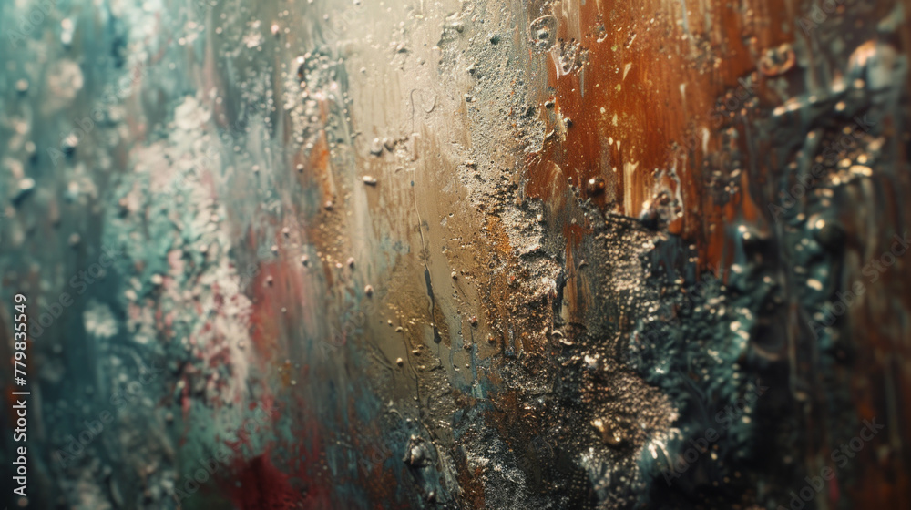 A close-up of a textured, abstract painting with layers of muted colors and delicate brushstrokes