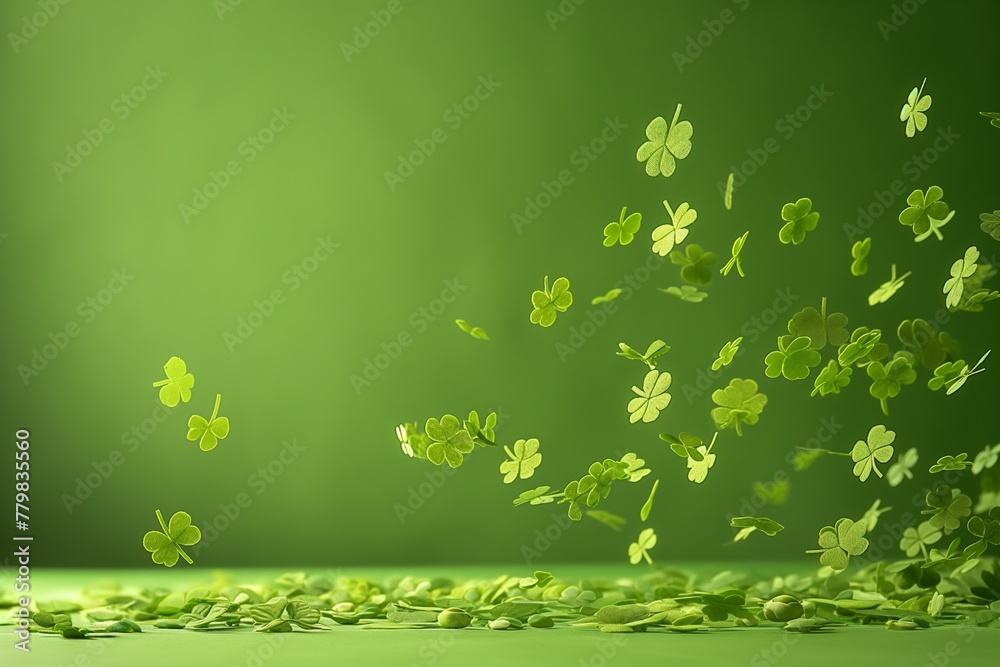 Floating clovers with a bokeh effect symbolize luck and fortune, perfect for St. Patrick's Day or themes of nature and serendipity. - obrazy, fototapety, plakaty 
