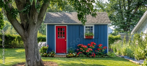 Quaint Garden Retreat: Red Door and Blue Shutters Amidst Suburban Tranquility