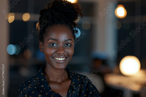 African woman in her office, smiling, looking at the camera