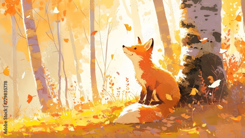 Fototapeta premium A cute fox sitting in the forest, surrounded by autumn trees and falling leaves. 