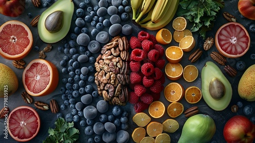 A brain encircled by an abundance of fruits like avocados, berries, and bananas, representing the essence of good brain health