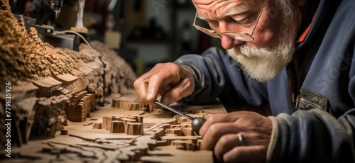 Expert craftsman meticulously shaping vintage wood in a nostalgic workshop.