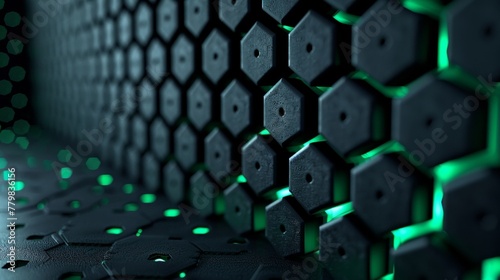 A modern technology innovation concept background with steel mesh abstract shapes in black and green. A free space for design. Background with dark steel mesh abstract shapes with black and green