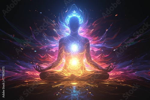 A digital art representation of the human body with glowing chakras and aura, sitting in lotus position against a black background.  photo