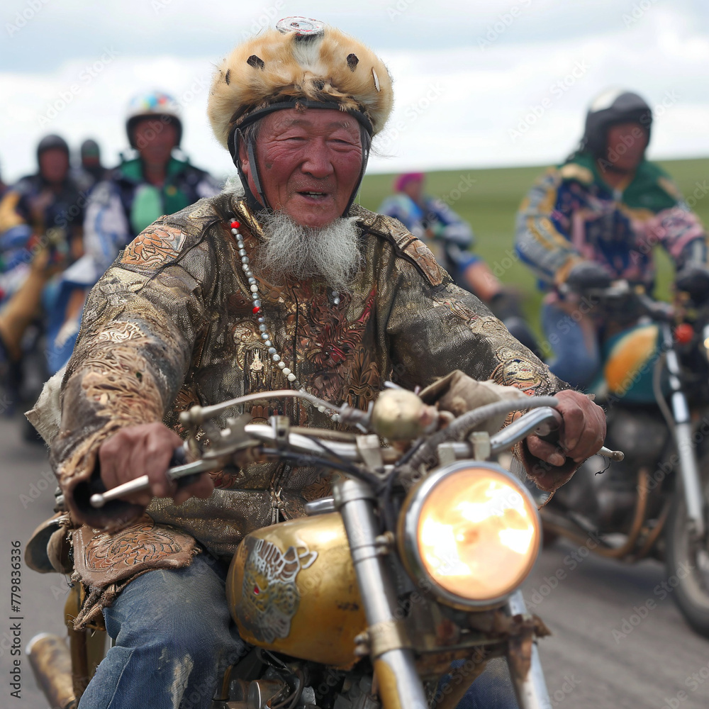 Fototapeta premium Journey of the Bearded Biker: Riding an Ornate Motorcycle Under a Cloudy Sky