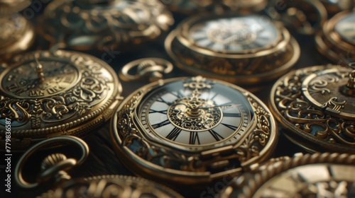 A collection of antique pocket watches, each displaying a different intricate design