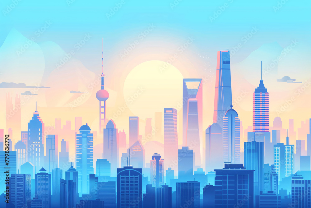 City skyline illustration, flat style urban architecture illustration elements