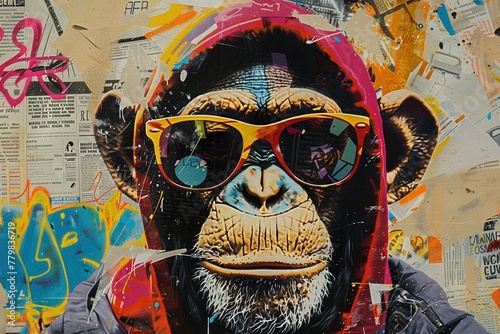 A cheeky monkey, rendered in a vibrant graffiti style, with a mischievous grin hidden behind sunglasses and a hooded sweatshirt. The background explodes with energy, featuring a collage