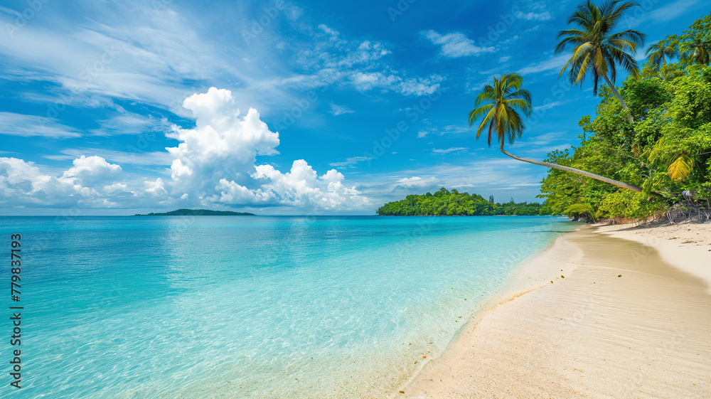 A beautiful tropical beach with crystal clear water and palm trees