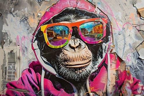 street art portrait of a monkey, its face detailed and expressive. Sunglasses and a bold-colored hoodie complete the look. The background is a textured canvas of collaged newspaper 