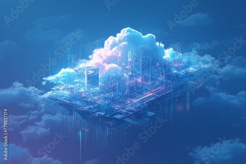 glowing cloud with cityscape on it floating in the air, illuminated neon lights and holographic effects