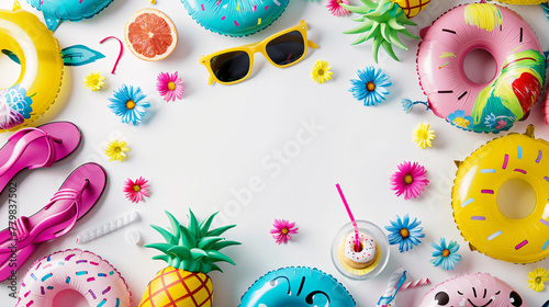 3d summer toys with white background in the middle 