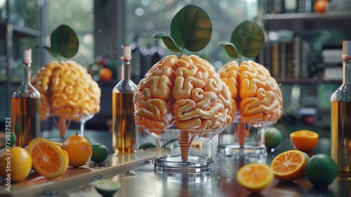 Neurons in a brain lab conduct experiments with oranges, signifying innovation in boosting cognitive function photo