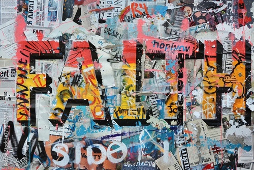 A collage graffiti artwork spelling "FAITH" in a vibrant mix of newspaper clippings and magazine cutouts, boasting intricate details.