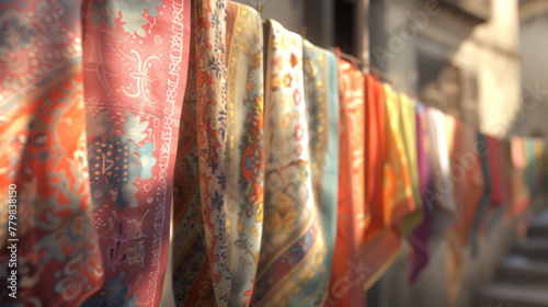 A row of colorful, patterned scarves hanging on a clothesline, blowing in the breeze