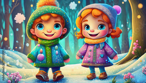 OIL PAINTING STYLE Children rejoice at the first snow