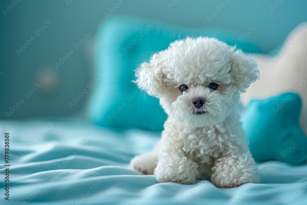 Adorable White Toy Poodle Puppy Sitting on Soft Bedding with Blue Pillow in Background and Gentle Lighting Adorable White Toy Poodle Puppy Sitting on Soft Bedding with Blue Pillow in Background and Gentle Lighting