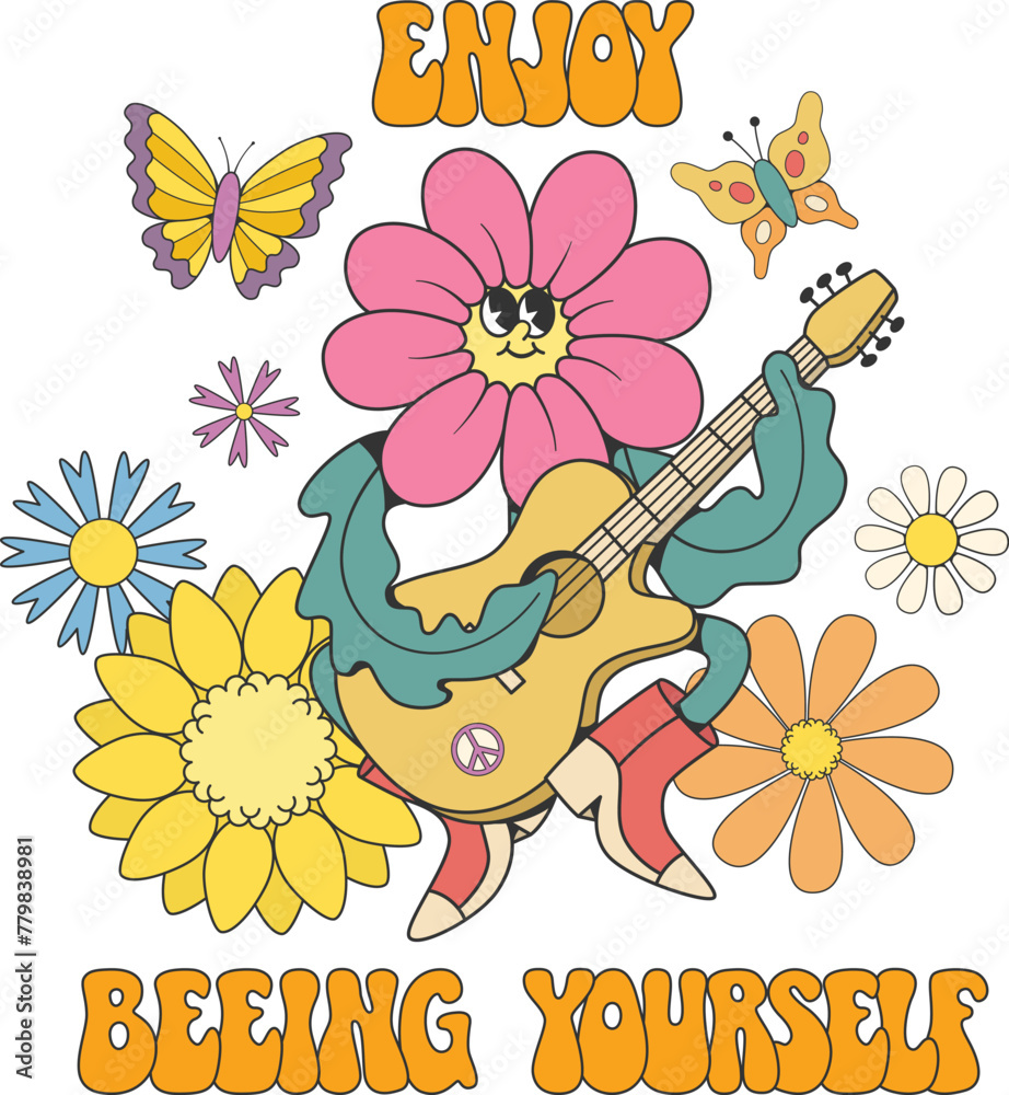 Retro groovy flower mascot character with quote
